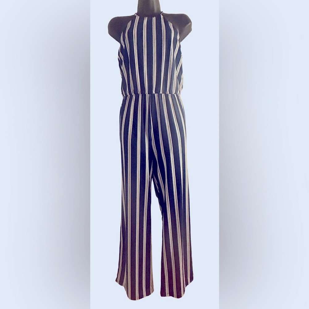 Navy White Striped Jumpsuit for Women, Elegant Sleeveless One Piece Outfit, Chic